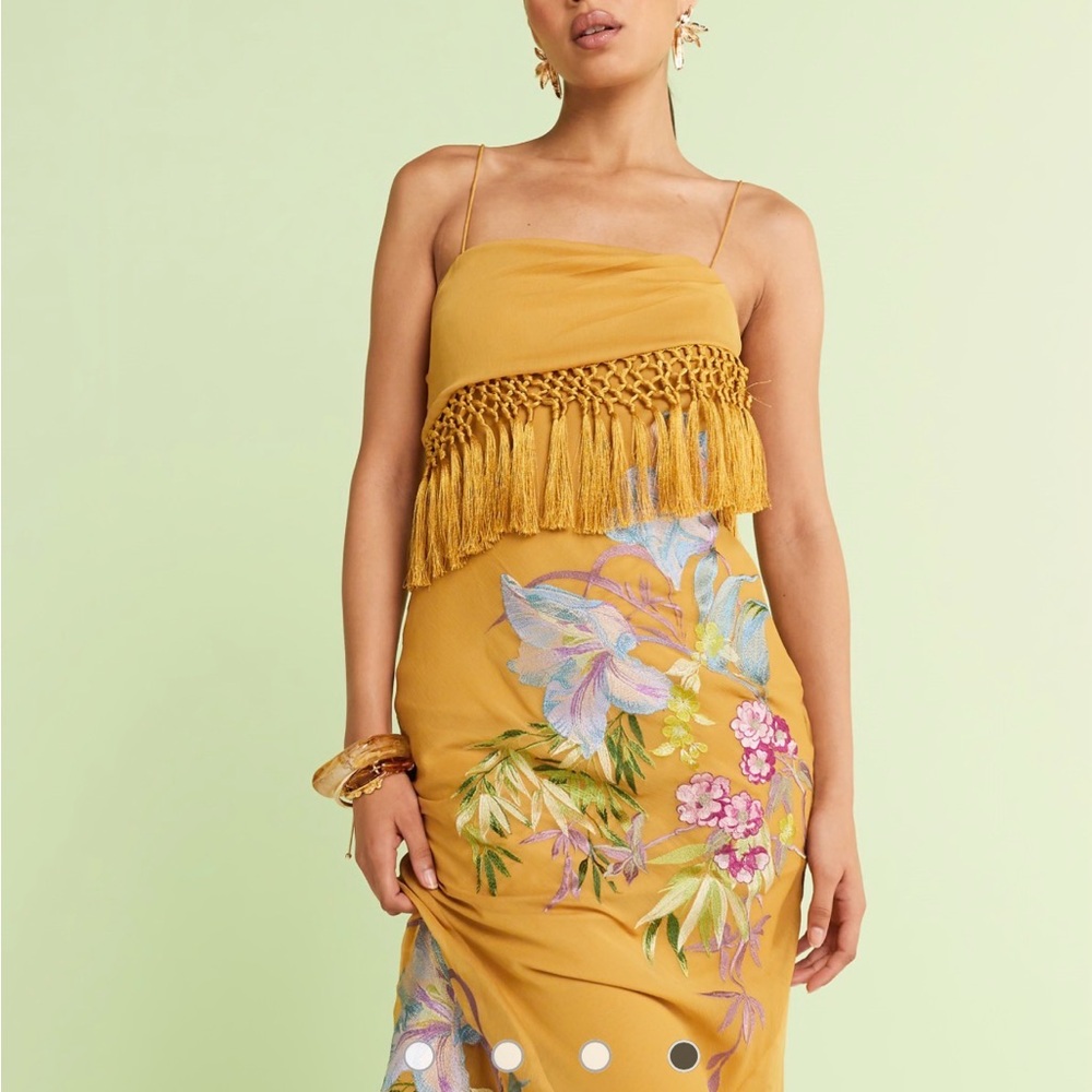 ASOS Mustard Yellow Floral Fringe Midi Dress